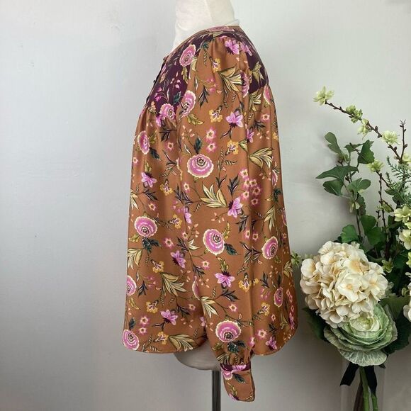 LOFT Blouse | Mixed Print Henley Blouse | Small S | Office Casual | Amber - Picture 7 of 12